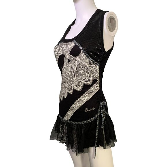 VTG Desigual Black Lace Shirt‎ Top Dress Whimsigoth Y2k Mesh Boho Retro L - Picture 1 of 10